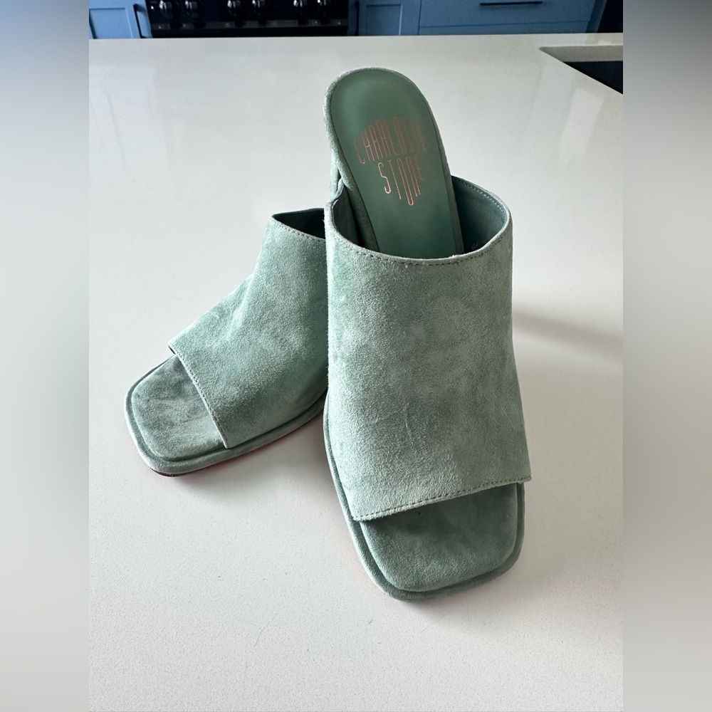 Charlotte Stone Mint Suede Square Open-Toe Mules